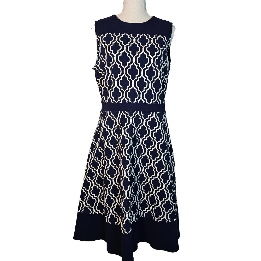 Land's End Sleeveless Midi Dress, Size 12 Navy & White Pockets Classic Office